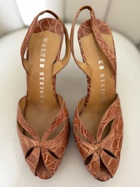Walter Steiger Tan Brown Croc-Embossed Slingback Peep-Toe Heel Shoes Mules Vtg 8